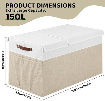 Extra Large Toy Chest,Foldable Storage Box, Large Storage Bins With Lids, Suitable for living rooms, studies, bedrooms(40"X18"X14",White & Beige)