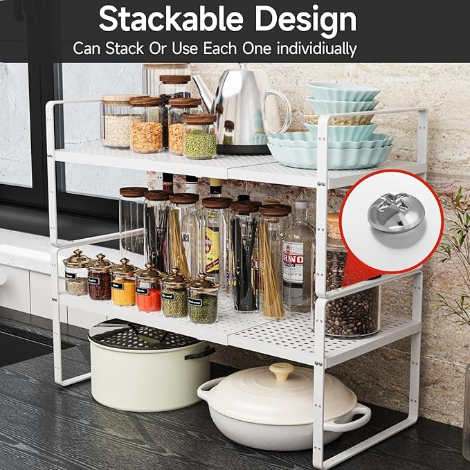 jkxoo Expandable Cabinet Shelf Organizers, Stackable Metal Shelves Extender for Kitchen Countertop Storage, Adjustable Spices Shelves Rack Stand for Cupboard Pantry, White