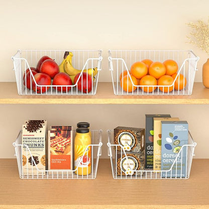 Stackable Wire Metal Baskets Large Capacity Kitchen Freezer Bins for Pantry Cabinet Fruit Vegetable Snacks Organization, White, Set of 4