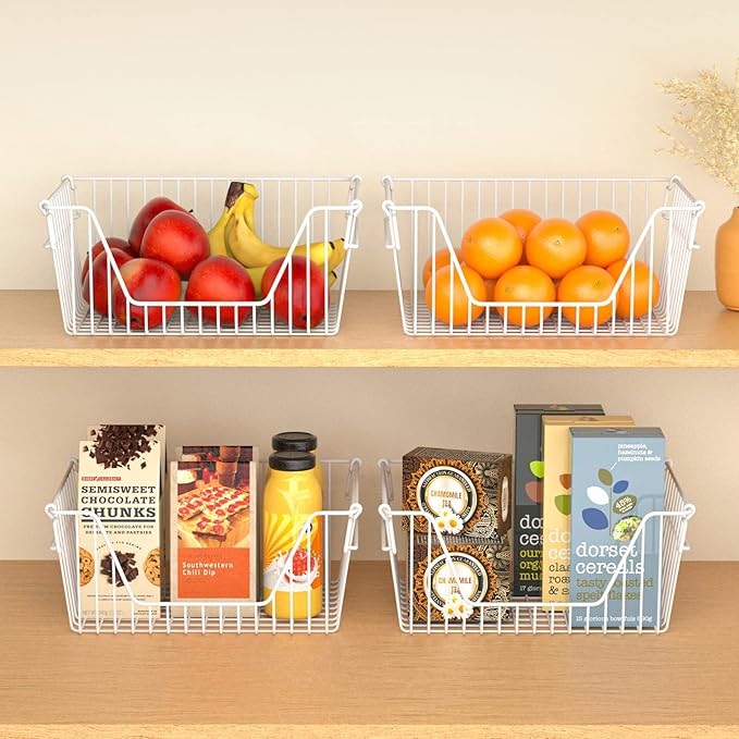 SANNO Stackable Wire Baskets for Organizing Pantry Storage and Organization Metal Bins Fruit Vegetable Organization Pantry Cabinet Metal Bin for Kitchen Counter Bathroom Shelves Storage，White,4