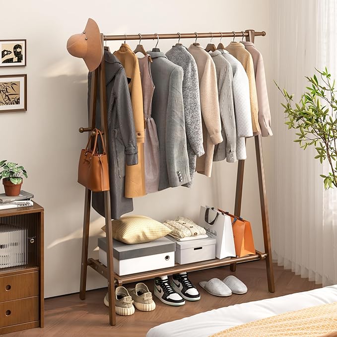 Solid Wood Clothes Rack with Shelves - Collapsible Clothing Racks for Hanging Clothes, Garment Rack with Shelves & 6 Hooks, Hanging Racks for Clothes, Bedroom, Entryway, Kids Room - Walnut