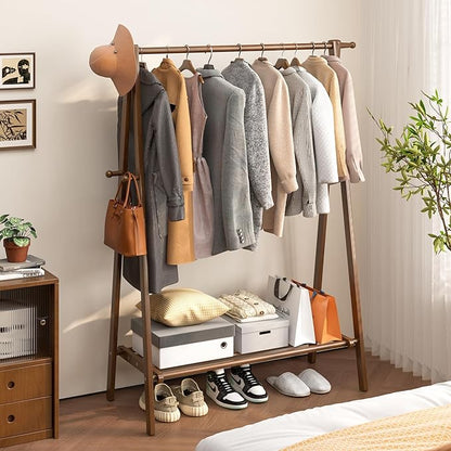 Solid Wood Clothes Rack with Shelves - Collapsible Clothing Racks for Hanging Clothes, Garment Rack with Shelves & 6 Hooks, Hanging Racks for Clothes, Bedroom, Entryway, Kids Room - Walnut