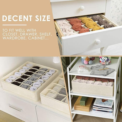 Criusia 3 Pack Sock Underwear Drawer Organizer Dividers, 64 Cell Fabric Foldable Cabinet Dresser Closet Organizers and Storage Boxes for Organizing Socks, Underwear, Ties (16+24+24 Cell, Beige)