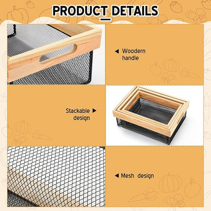 Honeydak 3 Pcs Metal Wire Baskets Stackable Wooden Countertop Baskets for Kitchen Large Wooden Storage Organizer for Pantry Farmhouse Decor Mesh Storage Organizer Bins for Laundry Room Bathroom Closet