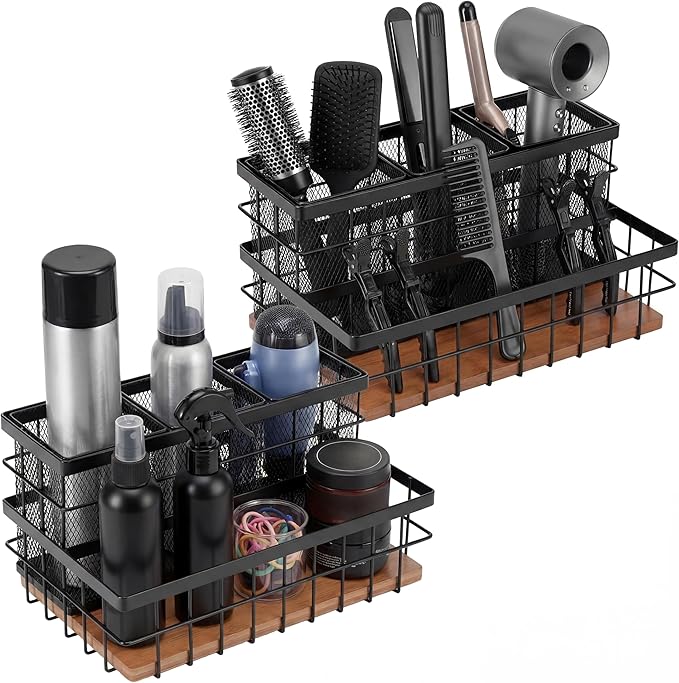 AceOrbit 2 Pcs Hair Tool Organizer Countertop Breathable Metal & Bamboo Hot Tools Organizer Under Sink Bathroom Hair Dryer Holder Countertop Brush Comb Holder,Makeup Tray (Koa Wood,Black)