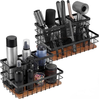 AceOrbit 2 Pcs Hair Tool Organizer Countertop Breathable Metal & Bamboo Hot Tools Organizer Under Sink Bathroom Hair Dryer Holder Countertop Brush Comb Holder,Makeup Tray (Koa Wood,Black)