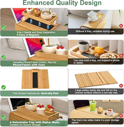 Joy&Grace Couch Arm Tray, 3-in-1 Magnetic Detachable Sofa Arm Table with Phone and Tablet Holder Bamboo Couch Cup Holder, Foldable Sofa Armrest Tray for Eating, Drinks, Phones (Natural)