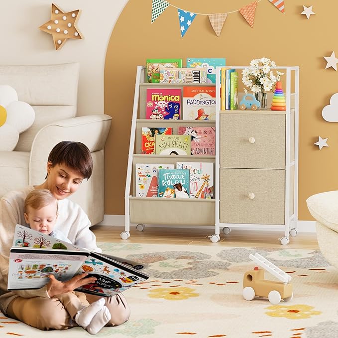 Book Shelf for Kids Rooms, Toddler Bookshelf Baby Bookcase with Kids Storage for Nursery, Bedroom, Playroom, Easy Assembly (Off White)