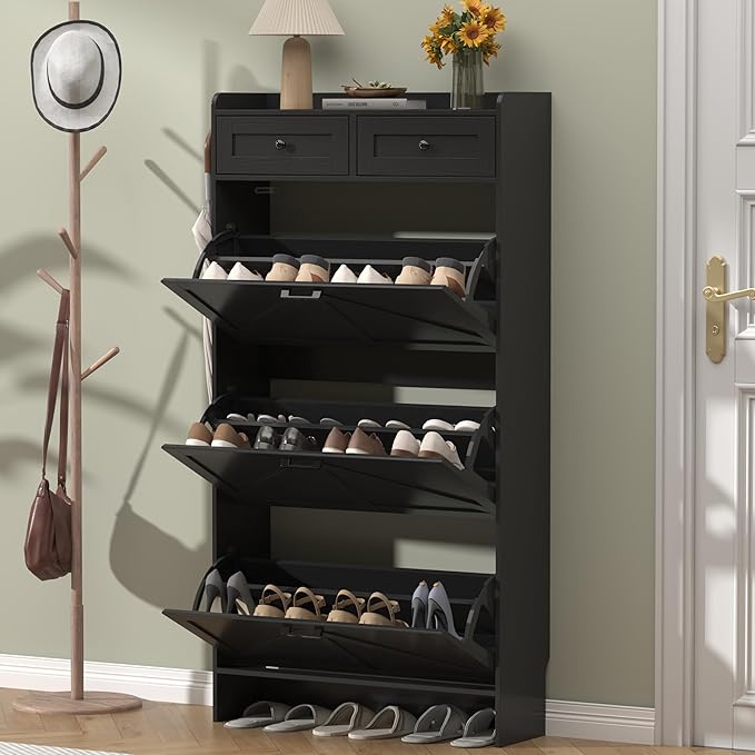 Shoe Cabinet with 3 Flip Drawers & 2 Storage Drawers, Rustic Farmhouse Narrow Shoe Organizer Cabinet, Slim Shoe Rack Cabinet, Shoe Storage Cabinet for Entryway, Hallway, Front Door