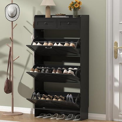 Shoe Cabinet with 3 Flip Drawers & 2 Storage Drawers, Rustic Farmhouse Narrow Shoe Organizer Cabinet, Slim Shoe Rack Cabinet, Shoe Storage Cabinet for Entryway, Hallway, Front Door