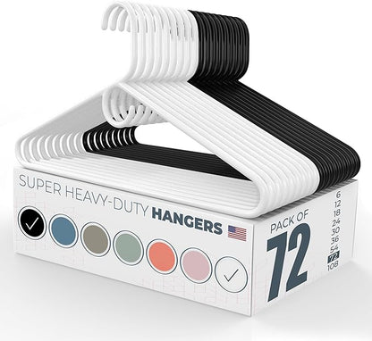 Neaties Super Heavy Duty Clothes Hangers 50+ Pack (72 Count) – Made in The USA - 10lb Capacity, Thick Plastic Hangers for Pants, Coats, Jackets, Jeans and Adult Clothing – White & Black