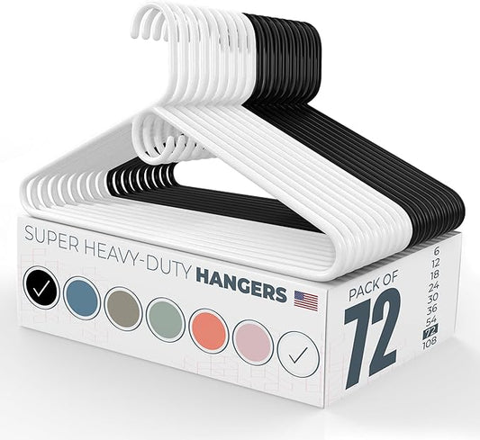 Neaties Super Heavy Duty Clothes Hangers 50+ Pack (72 Count) – Made in The USA - 10lb Capacity, Thick Plastic Hangers for Pants, Coats, Jackets, Jeans and Adult Clothing – White & Black