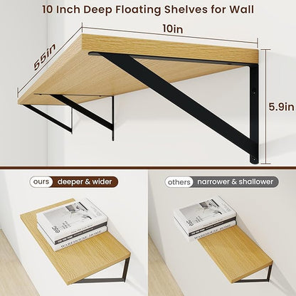 Axeman Deep Floating Shelves | 55 Inch Oak Wall Shelves Set of 2 | 10 Inch Deep Wood Floating Shelves for Wall | 55" W x 10" D Oak Shelves for Living Room Bathroom Kitchen