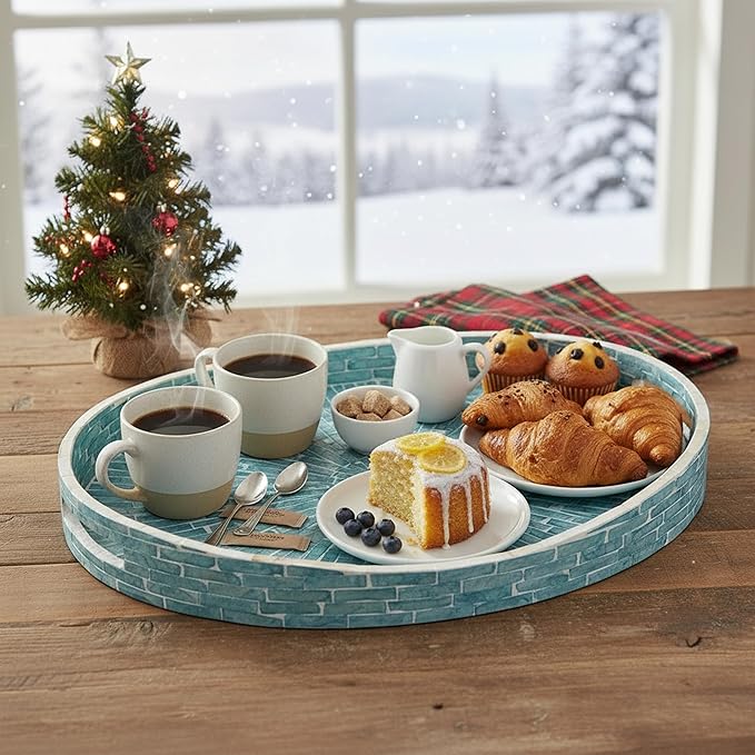 PEMAR 15.7" x 11.8" Oval Capiz Shell Serving Tray, Decorative Ottoman Tray for Living Room, Coffee Table, Breakfast in Bed, Candle Display (Teal Sunlight)