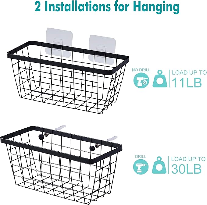 LIGHT DUST Wall Hanging Baskets - 2 Black Baskets Set Wire Basket Metal Organizer Bins for Kitchen Pantry Cabinet Bathroom Shower Door RV [Included Adhesive Hooks & Wall Mounted Screws]