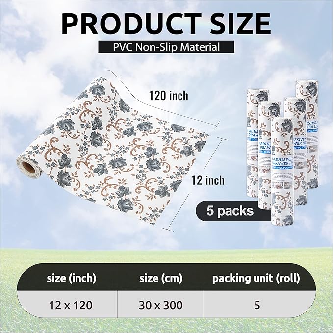 FIFTY FEET 12X120 Inch Shelf Liner for Kitchen Cabinets, PVC Drawer Liner for Dresser Non-Slip Bathroom, Non-Adhesive Cabinet Liner Washable (Black Floral)(5 Roll)