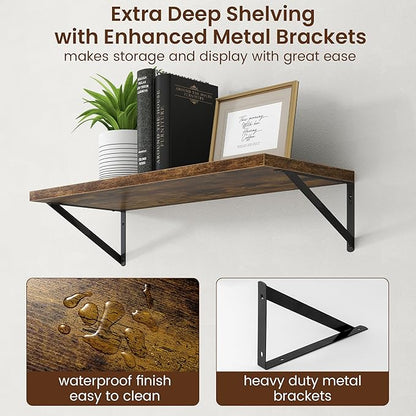 Axeman Deep Floating Shelves - 30 Inch Floating Shelves Set of 2-12 Inch Deep Brown Wood Wall Shelves for Living Room Bathroom Kitchen