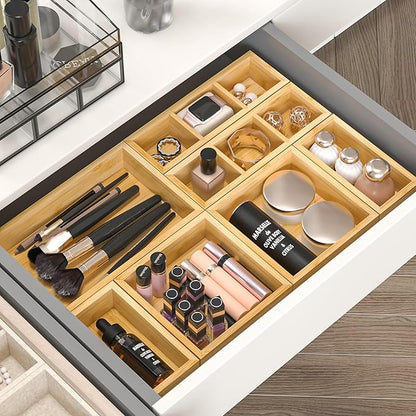Bamboo Drawer Organizer, Set of 9 Wood Kitchen Junk Tea Desk Office Tray, Wooden Storage Boxes Organizers for Bathroom, Office (2" H 9 Boxes)