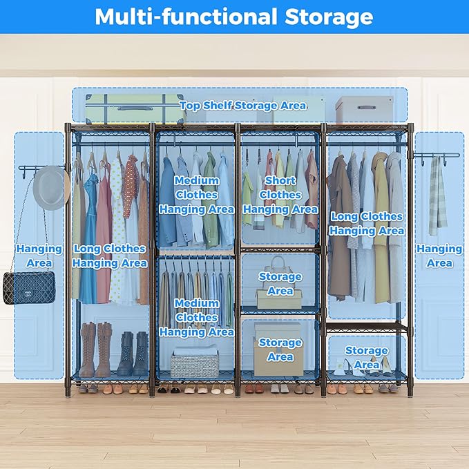 Large Heavy Duty Clothes Rack with Shelves, Adjustable Wire Garment Rack, Functional Clothing Racks for Hanging Clothes Freestanding Wardrobe Closet, 76.8" L x 17.1" W x 77" H, Max Load 900lbs