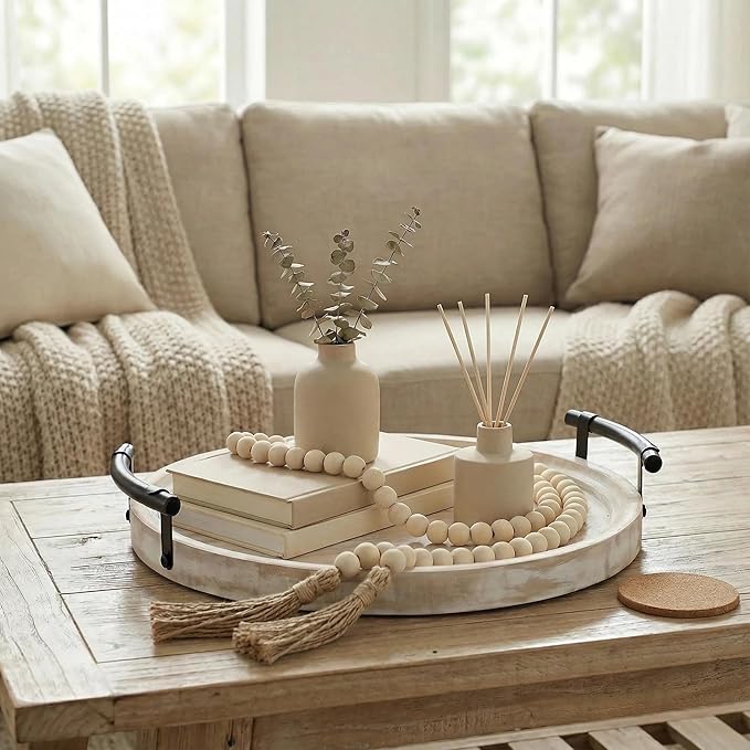 Decorative Round Tray with Bead Garland, 13 Inch Whitewashed Farmhouse Coffee Table Centerpiece, Wooden Decor Tray with Handles for Kitchen Island & Entryway