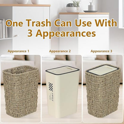 Boho Trash Can with Lid,3 Gallon Small Rattan Trash Can with Press Top Lid,Slim Wicker Waste Basket and Hamper 2 in 1 for Bathroom,Seagrass Woven Garbage Can Trash Basket for Bathroom,Kitchen