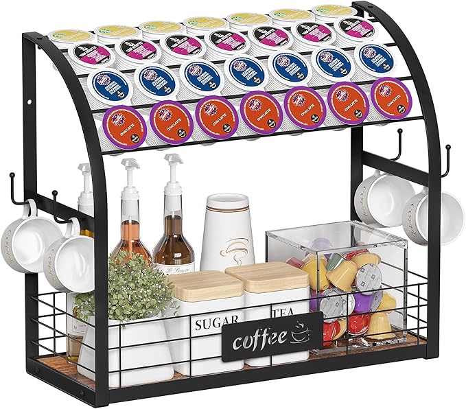 Metal K Cup Holder, 2 Tier Coffee Bar Organizer with 4 Coffee Mug Hooks, Multi-functional Countertop Coffee Station Tray Wooden K Cup Organizer - Black
