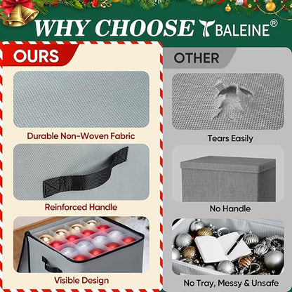 BALEINE Christmas Ornament Storage Box with Dividers, Premium Holiday Ornaments Storage Container Bin for Xmas Decorations (64 Ball, Green, Soft)