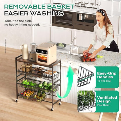 Cinati 4-Tier Utility Kitchen Cart with Wood Top, 29" W Kitchen Storage Cart with 8 Baskets & Handle, Metal Snack Cart with Wheels, Adjustable Pantry Organizer and Storage Cart for Fruit, Vegetables