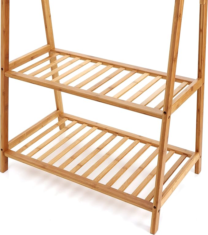 Finnhomy Bamboo Clothes Rack Portable Extra Large Garment Rack 2-Tire Storage Box Shelves For Entryway and Bed Room Patented Design
