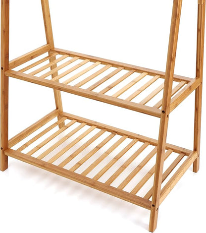 Finnhomy Bamboo Clothes Rack Portable Extra Large Garment Rack 2-Tire Storage Box Shelves For Entryway and Bed Room Patented Design