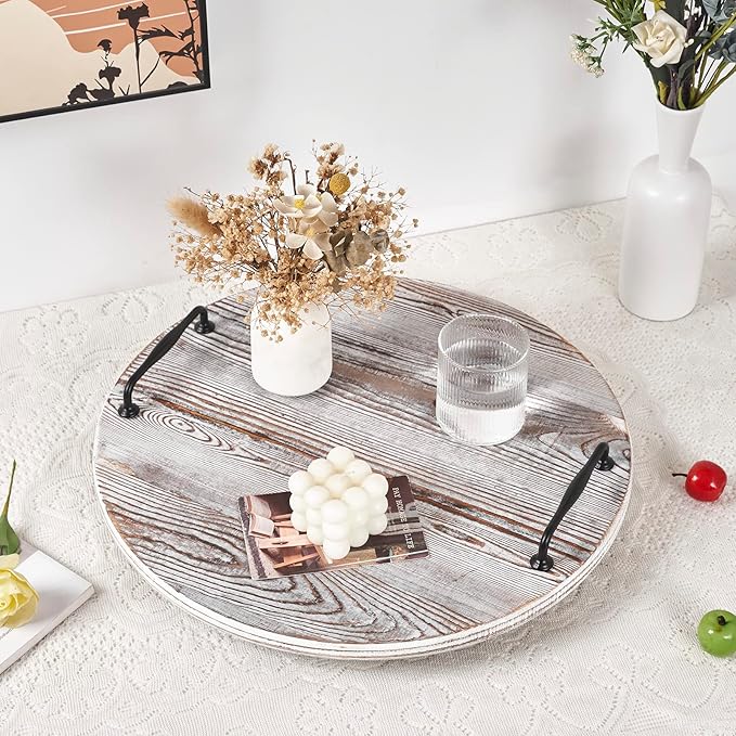 Wooden Lazy Susan for Table Turntable Organizer 18 Inch Large Lazy Susan Vintage Brown Wood Tray for Pantry Cabinet Countertop Serving Tray Round Spins Balanced Spice Rack for Kitchen Dining Room