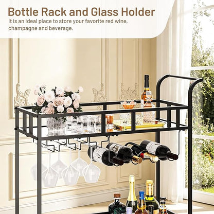 TrailBlaze 2-Tier Black+Mirror Rolling Bar Cart – Mirrored Shelves, Wine Bottle & Glass Racks – Beverage Service Trolley with Wheels for Home, Kitchen, Dining, Living Room