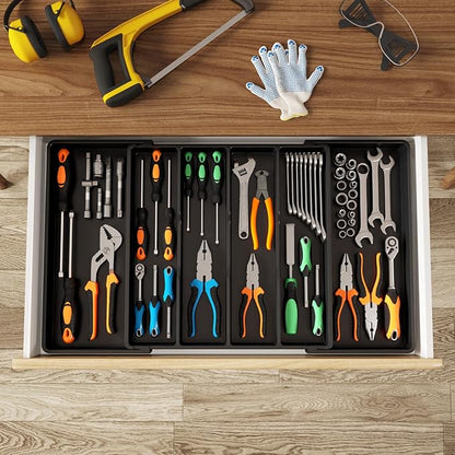 Lifewit Utensil Organizer for Kitchen Drawers, Expandable Cooking Utensil Tray, Adjustable Cutlery Silverware Flatware Holder, Plastic Spatula Tools and Gadgets Storage Divider, Black, 18"-30" x 18.5"