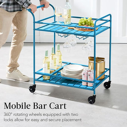 Best Choice Products Rolling Bar Cart, Mobile Home Bar Serving Cart, Serving Station w/ 2 Tier Shelves, Wine Rack, Lockable Wheels - Peacock