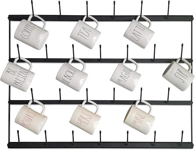 Claimed Corner Mug Rack with Sturdy Steel Frame, Matte Black Finish, Removable Rubber Caps, Wall Mounted (Horizontal 34" x 23.5")