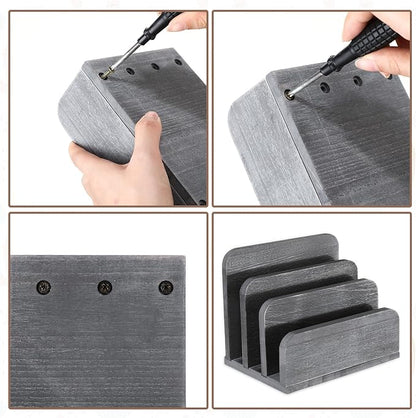Wooden Mail Holder 3 Slots Mail Organizer for Desk Wood File Paper Letter Sorter for Letter Envelope Filing Cell Phone Document Storage, Organizer Tray for Office and Home (Grey)