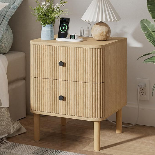FavourLife Night Stand with Charging Station, 18" Fluted Nightstand with Rounded Corners & Solid Wood Legs, 2 Drawers End Table with Storage, Mid Century Modern Bedside Table for Bedroom, Natural Oak