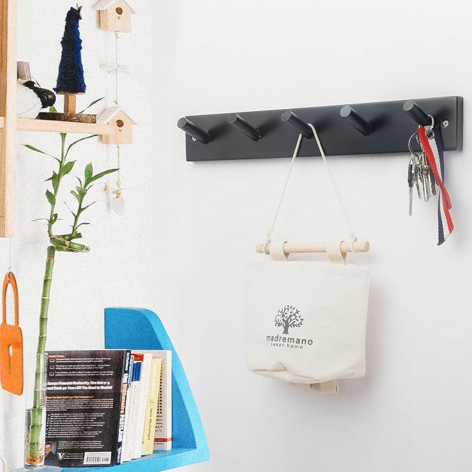 WEBI Coat Rack Wall Mounted,16" Hole to Hole,Coat Hanger Wall Mount with 5 Hooks for Hanging Coats,Hook Rack Peg Rail for Hats,Jacket,Clothes,Towels,Black,2 Packs