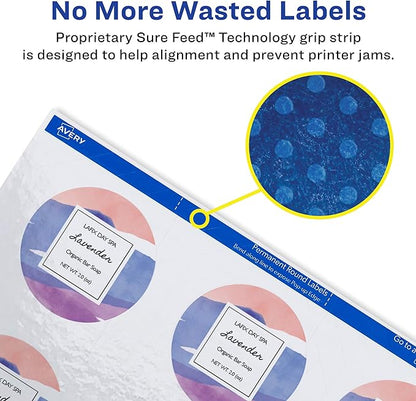Avery Printable Round Labels with Sure Feed, 2.5" Diameter, Glossy White, 450 Customizable Labels (22830)