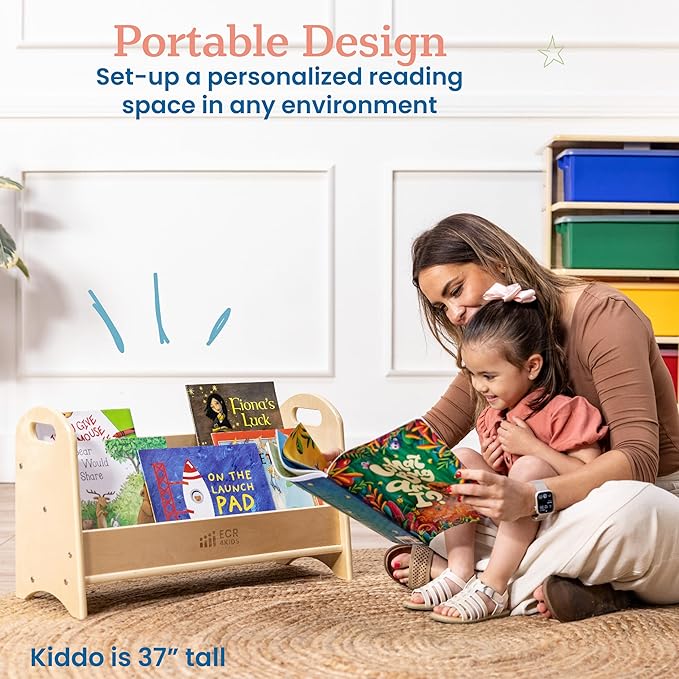 ECR4Kids 2-Shelf Tabletop Book Display with Handles, Beginner Bookshelf, Natural