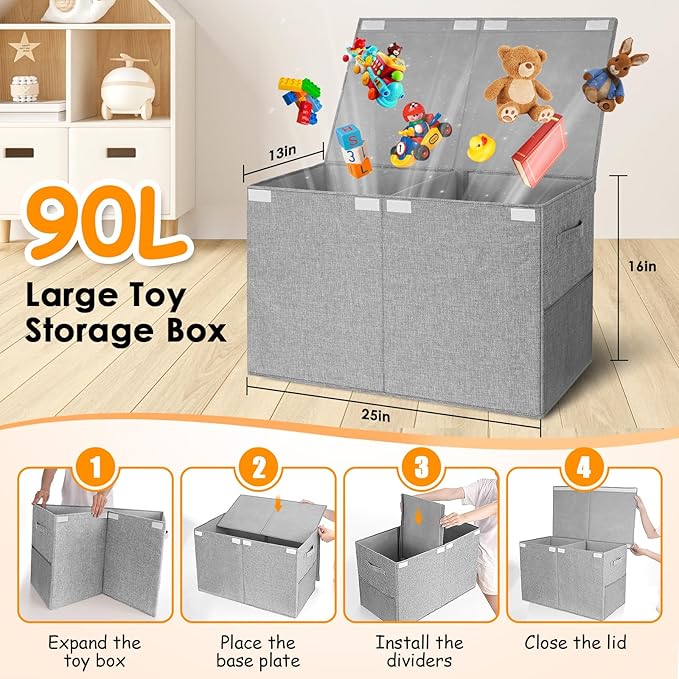 Large Toy Box Chest with Lid, Kids Toy Storage Organizer for Boys Girls, Big Toy Bin Basket Extra Large Toy Storage Box for Living Room Playroom Nursery 25"x13"x16"