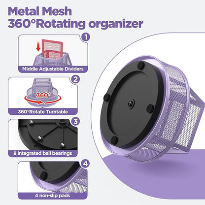 Docnest Mesh 360 Degree Rotating Pen Holder with 6 Compartment,Metal Pencil Cup Art Supply Storage Box Caddy,Teacher Stationery and Dorm Supplies Desk Organizer for Pencil,Sticky Note,Scissors-Purple