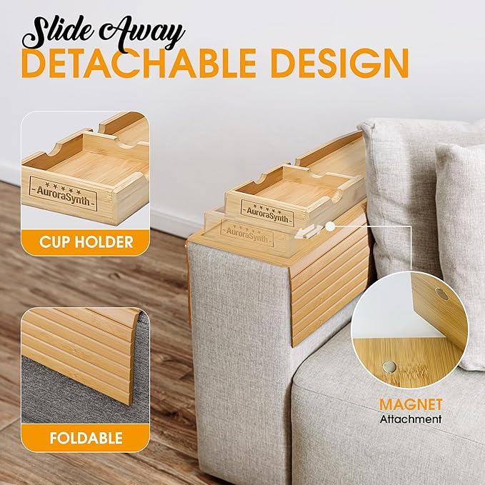 Bamboo Couch Cup Holder Tray with 2 Cork Coasters, Couch Caddy, Anti-Slip Foldable Armrest Sofa Tray, Couch Armrest Table, Anti-Spill Holder for Remote, Snacks, Cellphone - Ideal Gift