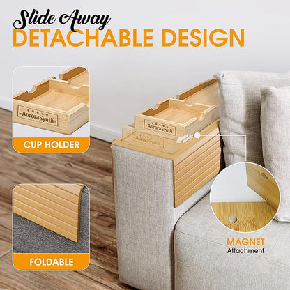 Bamboo Couch Cup Holder Tray with 2 Cork Coasters, Couch Caddy, Anti-Slip Foldable Armrest Sofa Tray, Couch Armrest Table, Anti-Spill Holder for Remote, Snacks, Cellphone - Ideal Gift