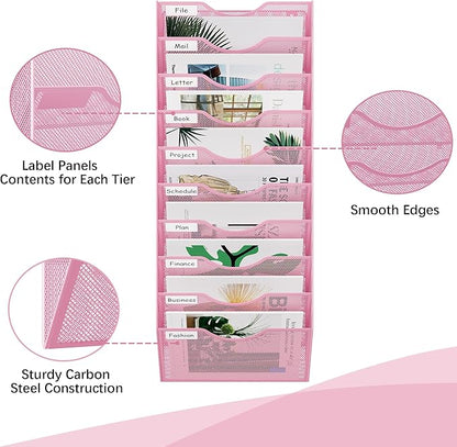 EasyPAG 10 Pocket Mesh Wall File Organizer, Hanging Paper Folder Holder with Classify Label, Vertical Wall Mount Mail Organizer for Office Home Classroom, Pink