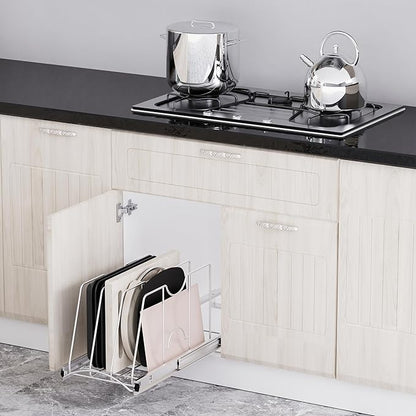 STORKING Pull Out Cookie Sheet Organizer for Cabinet, Pan and Pot, Cutting Board, Bakeware, Tray Organizer Rack, Sliding Rack- Heavy Duty, Adjustable Divider Width, 10" W x 22" D x 11" H, Chrome