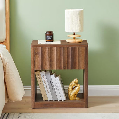 Bifins Fluted Dresser, Small Nightstands Set of 2, Walnut Bedside Table with Drawer and Storage, Mid Century Modern Side Table for Bedroom Sofa