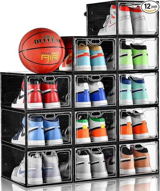 INSTY 12 Pack Large Shoe Storage Box, Clear Shoe Storage Organizer with Magnetic Door, Stackable,Shoe Containers For Display Sneakers, Easy Assembly, Fit up to US Size 12, Transparent