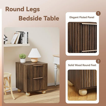 HOCAT Fluted Nightstand, Walnut Finish Bedside Table with Spacious Storage Drawers, Night Stand with Solid Wood Round Legs for Bedroom, End Table, Side Table