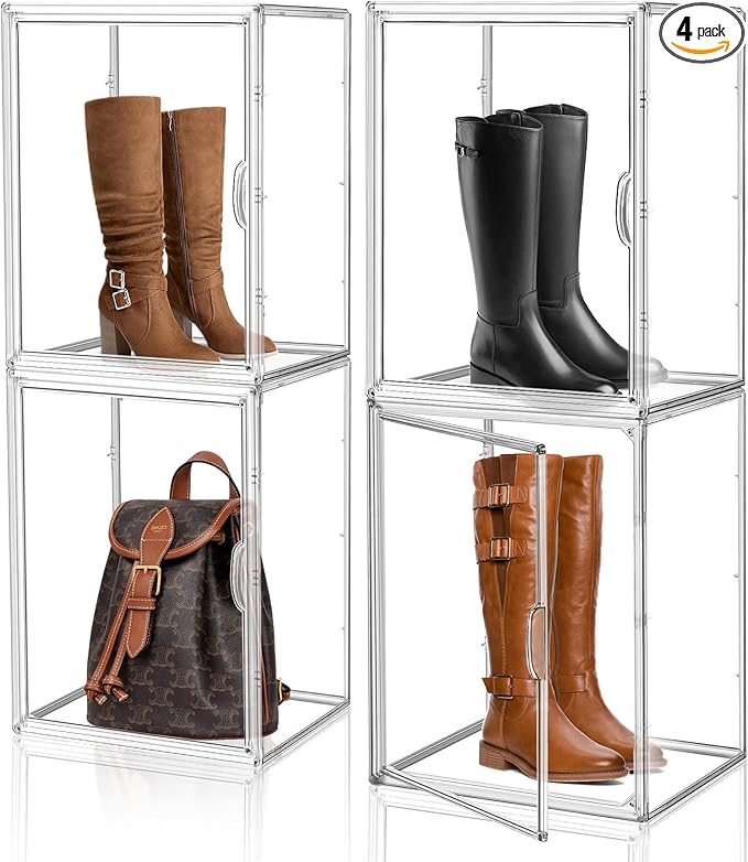EZJOB XX-Large 4 Pack Clear Plastic Handbag Storage Organizer for Closet Acrylic Display Case Purse Organizer Storage Bins for Boots, Big Bag, Collectibles, Cosmetic